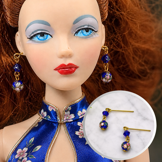 Dark Blue Cloisonné Flower Design Doll Earrings • 16 Inch Fashion Doll Jewelry