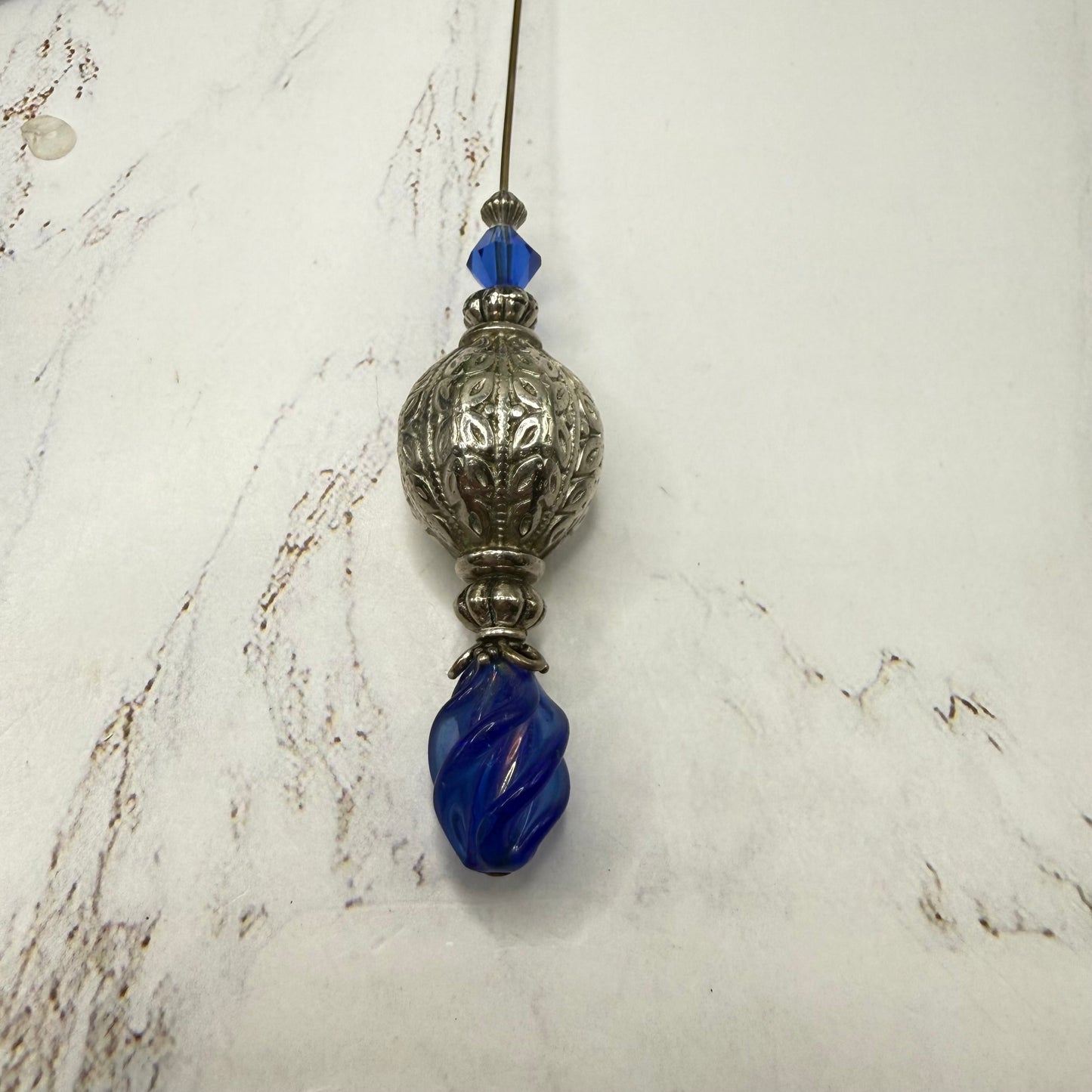 Cobalt Blue Lucite Spiral Finial Ornate Silver Tone Globe Bead Hatpin • 8 Inch