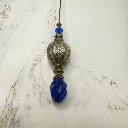Cobalt Blue Lucite Spiral Finial Ornate Silver Tone Globe Bead Hatpin • 8 Inch