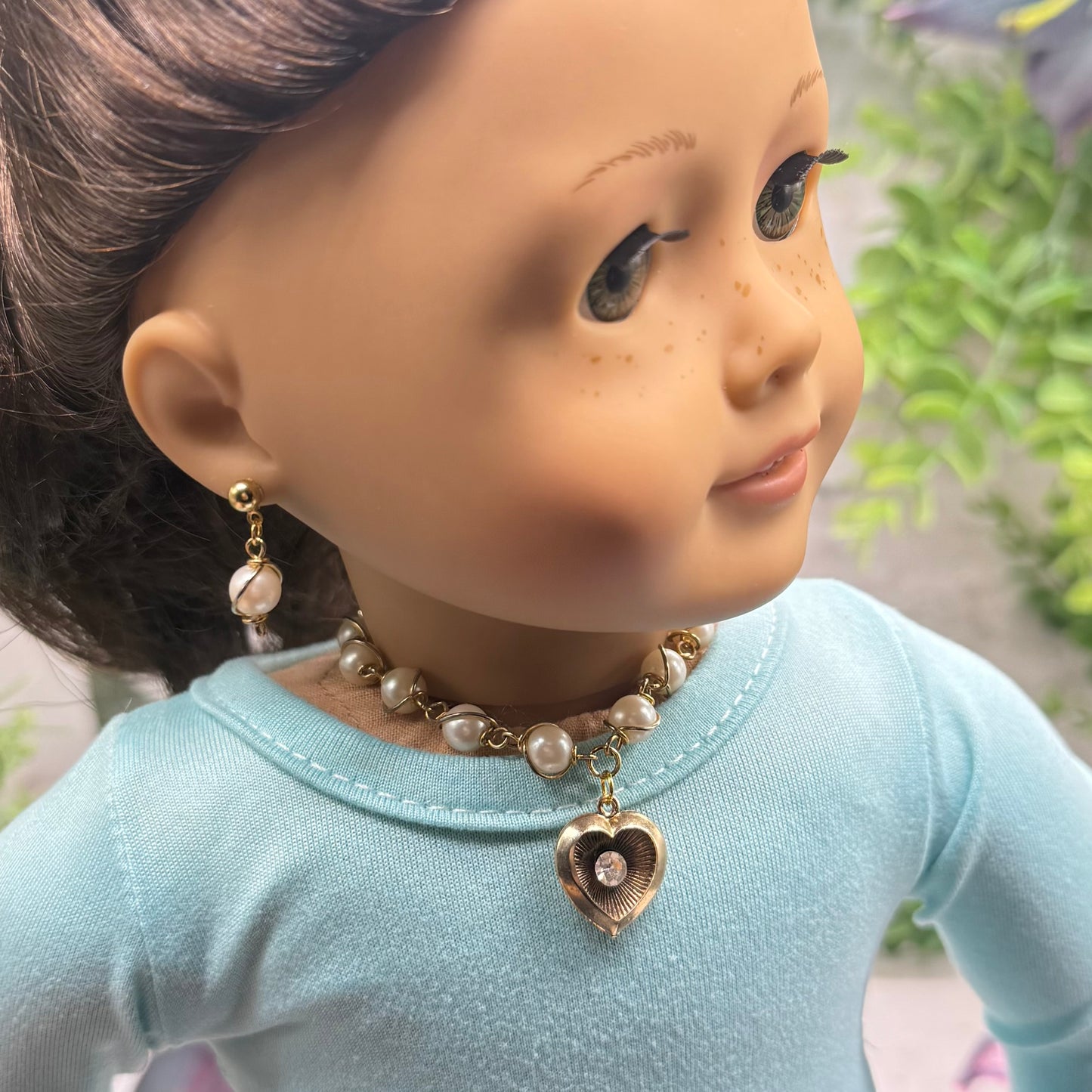 Pearl Beaded Gold Heart Rhinestone Center Necklace & Earrings • 18 Inch Fashion Doll Jewelry