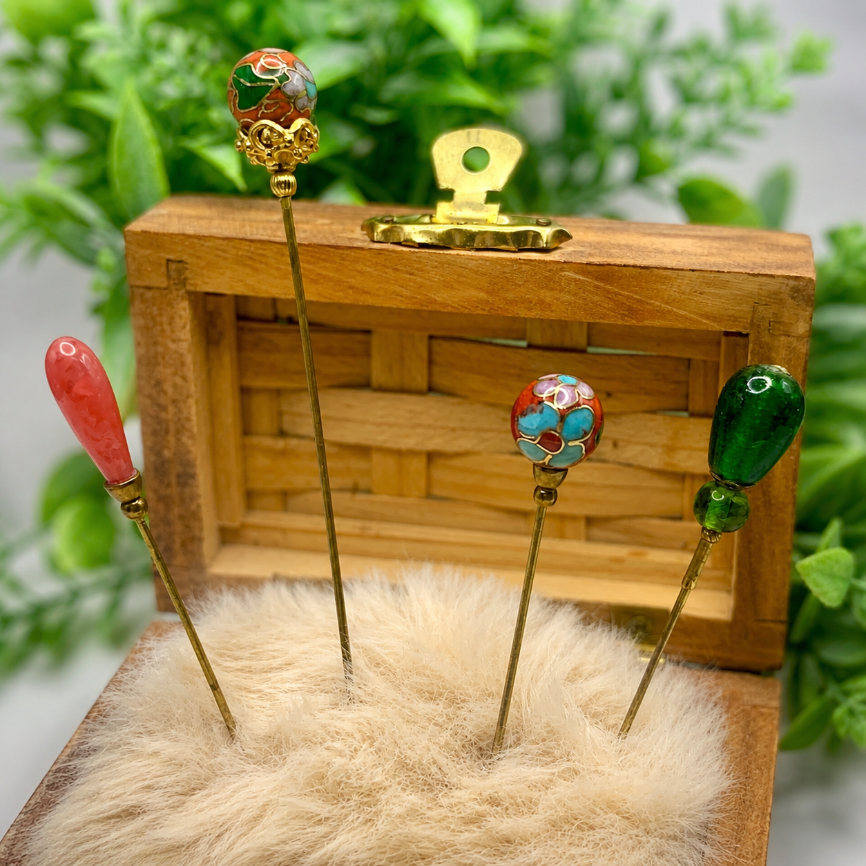 Green Orange Glass Flower Cloisonné Set of 4 • Stick Pins, Hatpins Gifts for Her