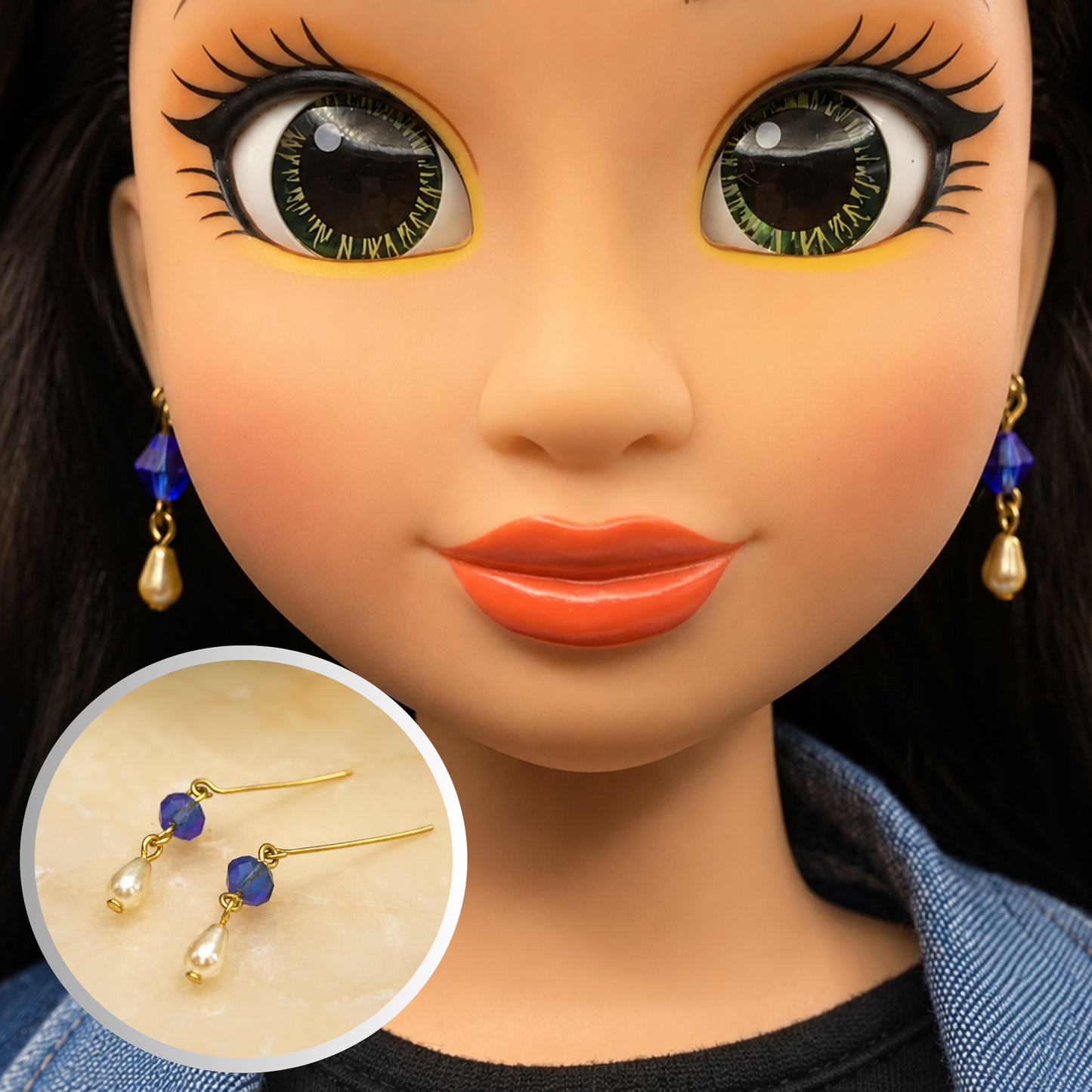 Blue Glass Crystal & Pearl Dangle Doll Earrings • 18 Inch Fashion Doll Jewelry
