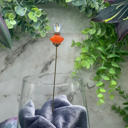 Orange Color Glass & Clear Glass Faceted Crystal • 6” Hatpin - Stick Pin