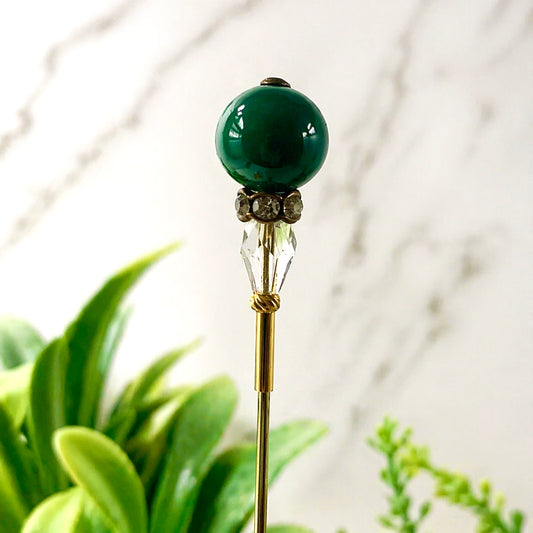 Green Glass - Rhinestone - Clear Crystal - 6” Pin • Hatpin - Stick Pin