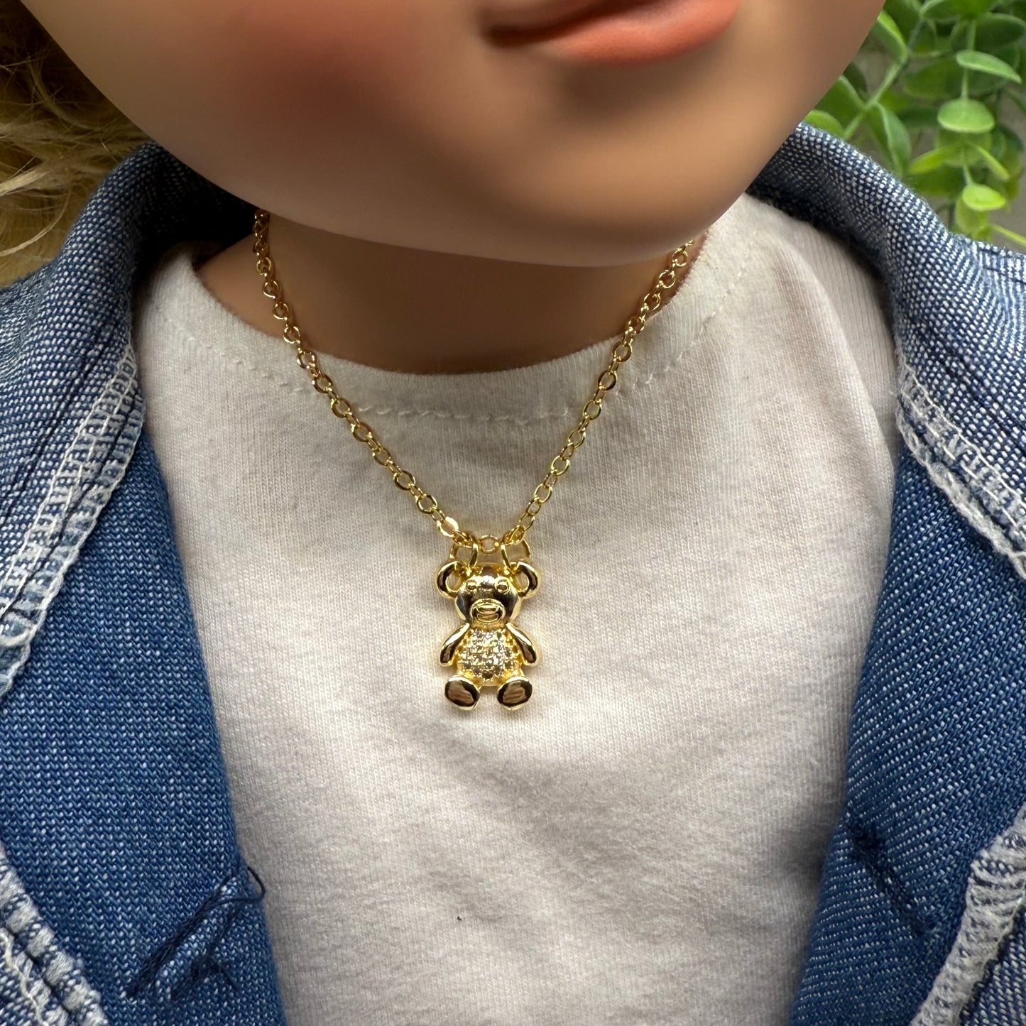 Gold Teddy Bear Rhinestone Accented Pendant Doll Necklace • 18 Inch Fashion Doll Jewelry