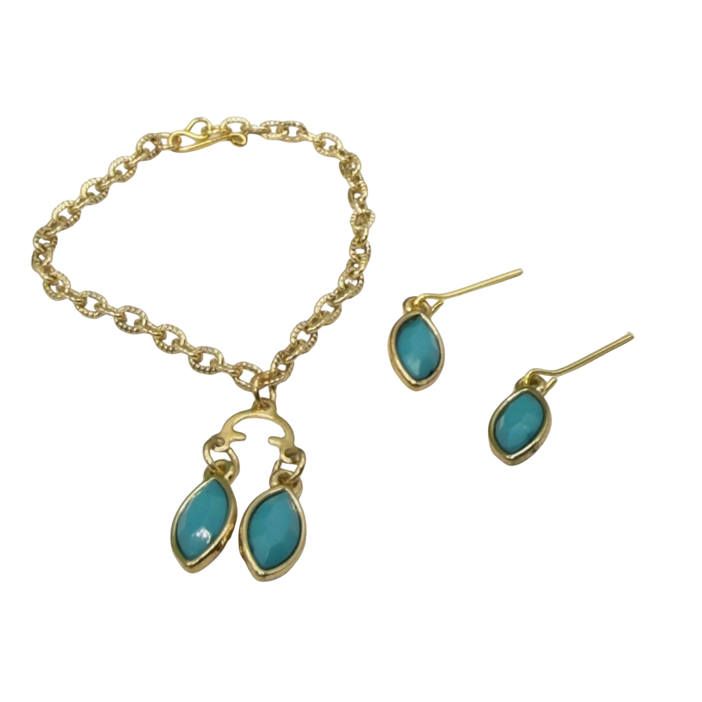 Turquoise Green Rhinestone Dual Pendant Gold Chain Dangle Doll Necklace & Earrings • 14 Inch Fashion Doll Jewelry