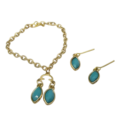 Turquoise Green Rhinestone Dual Pendant Gold Chain Dangle Doll Necklace & Earrings • 14 Inch Fashion Doll Jewelry
