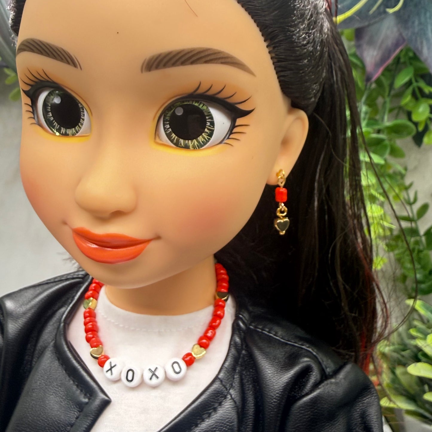 Red White Gold Bead XOXO Heart Doll Necklace & Earrings Set • 18 Inch Fashion Doll Jewelry