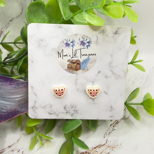 Pink Beige Lattice Design Heart Post Doll Earrings • 2mm Post for 18 Inch Fashion Doll