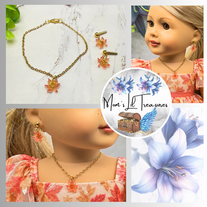 Autumn Maple Leaf Dangle 2mm Post Doll Earrings & Necklace • fits 18 Inch Doll • American Girl