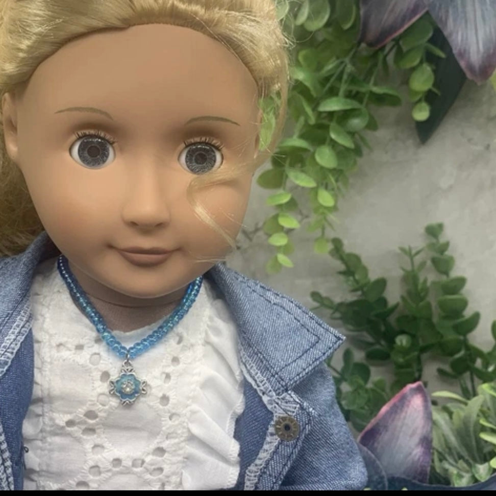 Iridescent Blue Beaded Doll Necklace W/ Pendant • 18” Fashion Doll Jewelry