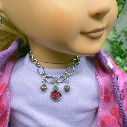 Dark Pink Rhinestone Large Silver Link Necklace & Earrings Set • 18 Inch Fashion Doll Jewelry