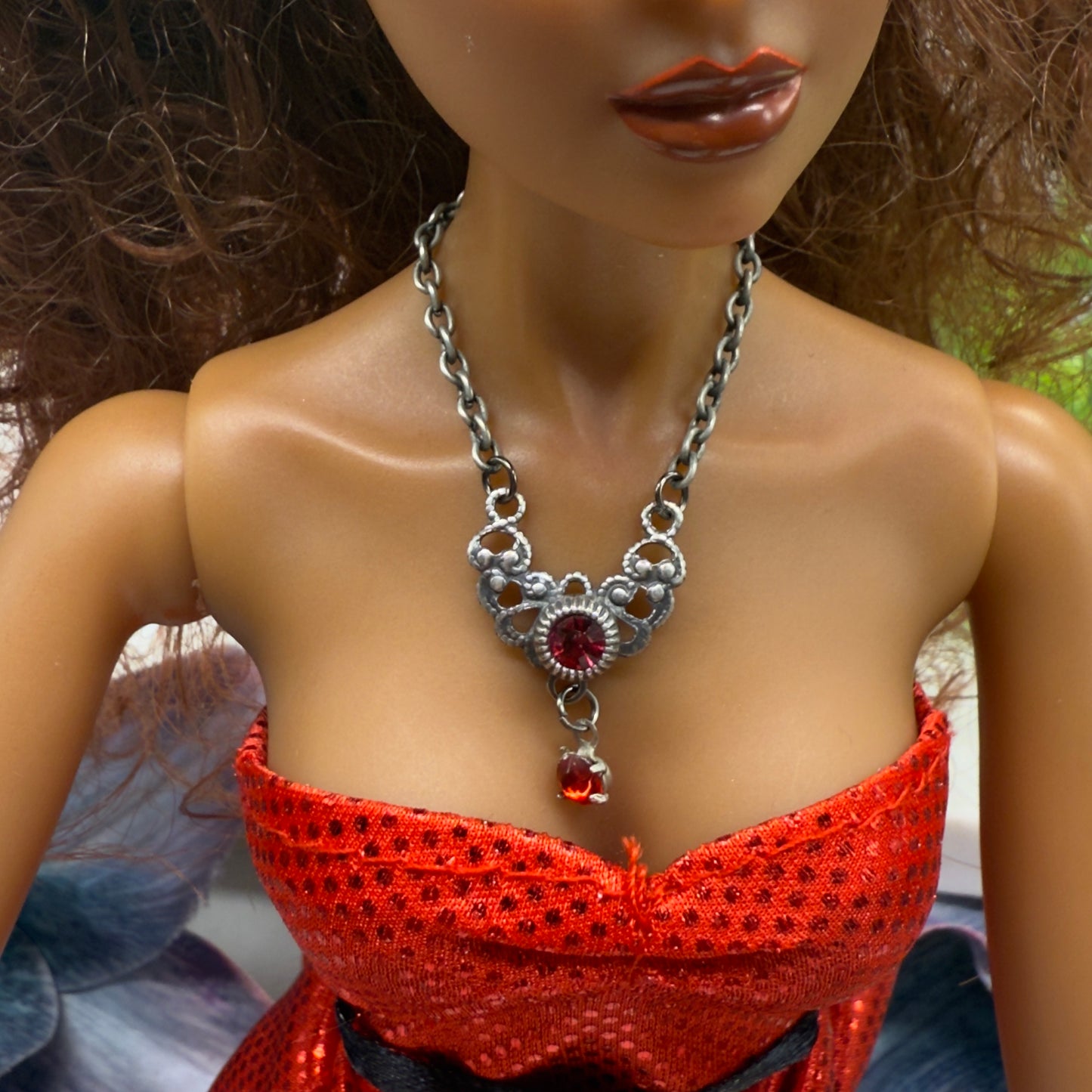 Red Rhinestone Gunmetal Silver Filigree Collar Doll Necklace • 16” Doll Jewelry