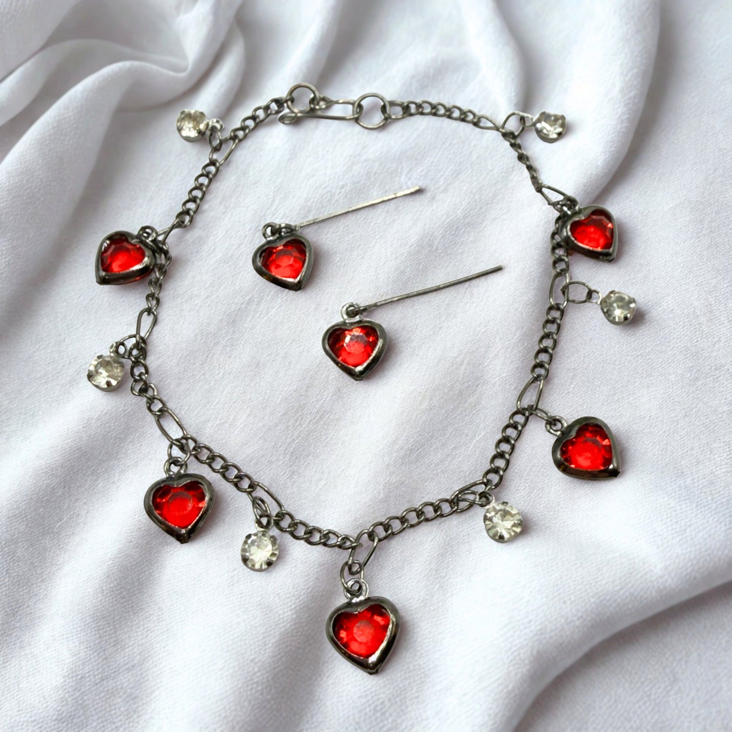 Red Rhinestone Heart Dangles Gunmetal Chain Doll Necklace & Earrings Set • 18 Inch Fashion Doll Jewelry