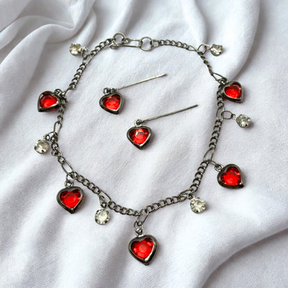 Red Rhinestone Heart Dangles Gunmetal Chain Doll Necklace & Earrings Set • 18 Inch Fashion Doll Jewelry