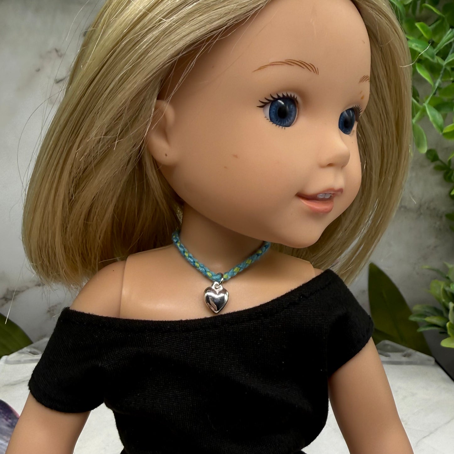 Turquoise Blue Green Braided Thread Doll Necklace w/ Silver Heart Charm • 14 Inch Fashion Doll Jewelry