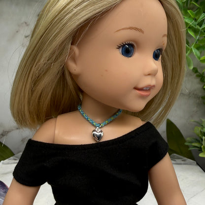 Turquoise Blue Green Braided Thread Doll Necklace w/ Silver Heart Charm • 14 Inch Fashion Doll Jewelry