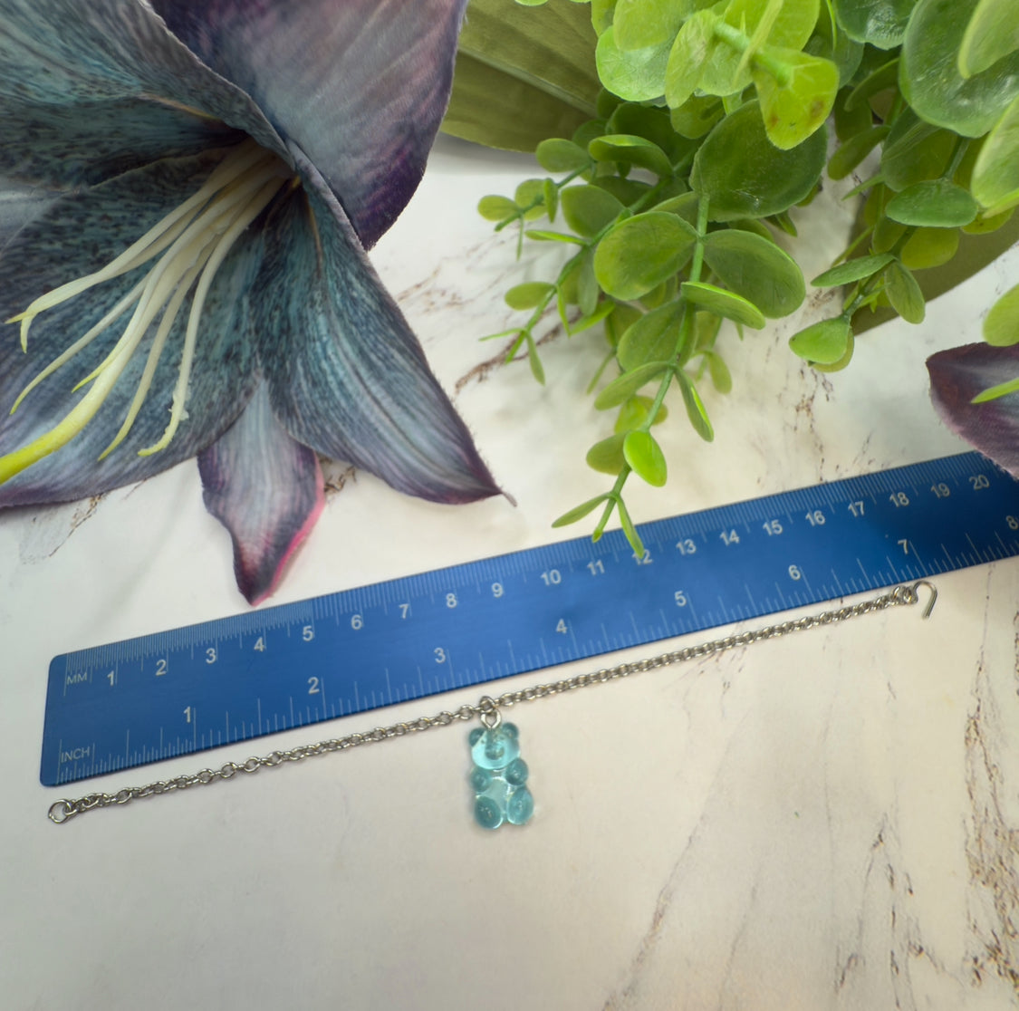 Turquoise Blue Translucent Acrylic Teddy Gummy Bear Charm Silver Chain Doll Necklace 18” Doll Jewelry