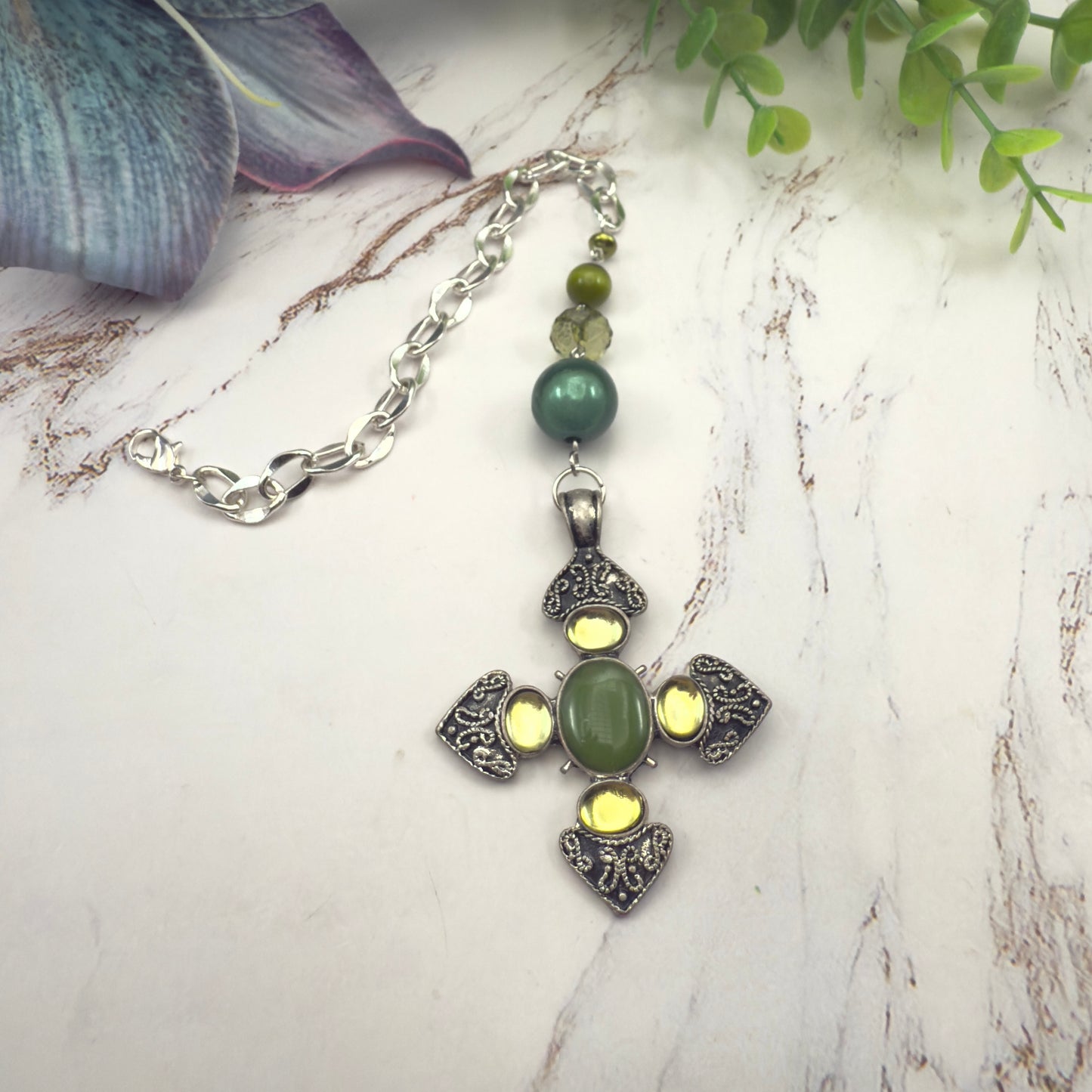 Green Cabochon Silver Cross & Green Bead Chain • Car Mirror Charm / Sun Catcher