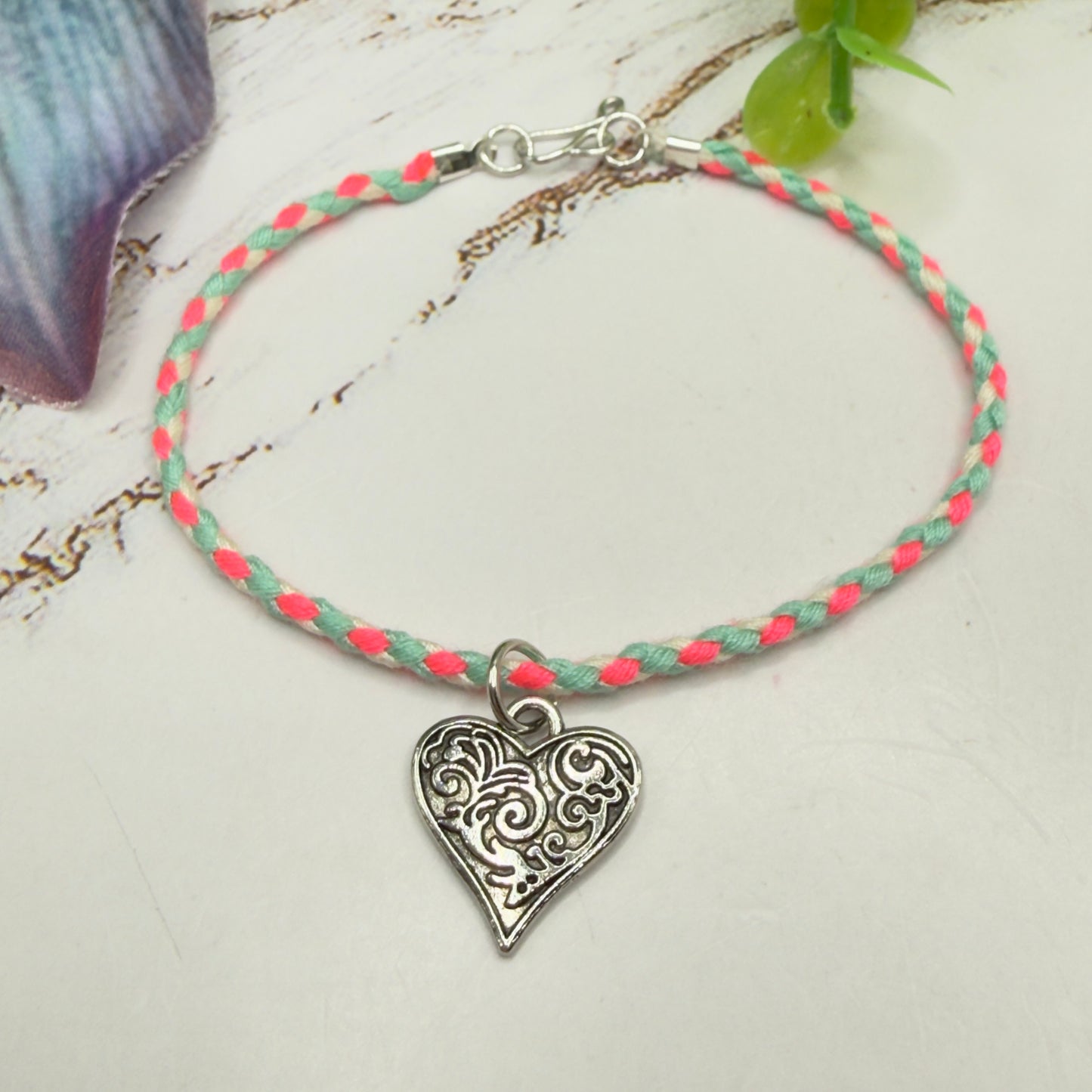 Pink Blue White Braided Thread Silver Heart yuhCharm Doll Necklace • 18 Inch Fashion Doll Jewelry