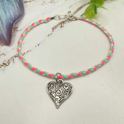Pink Blue White Braided Thread Silver Heart yuhCharm Doll Necklace • 18 Inch Fashion Doll Jewelry