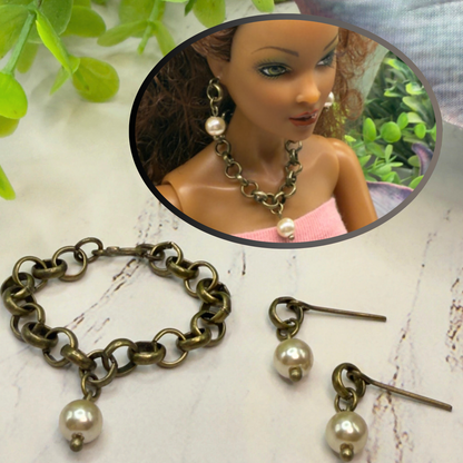 Brass Bronze Large Link Pearl Dangle Doll Necklace & Earrings Set • 16 Inch Fashion Doll Jewelry