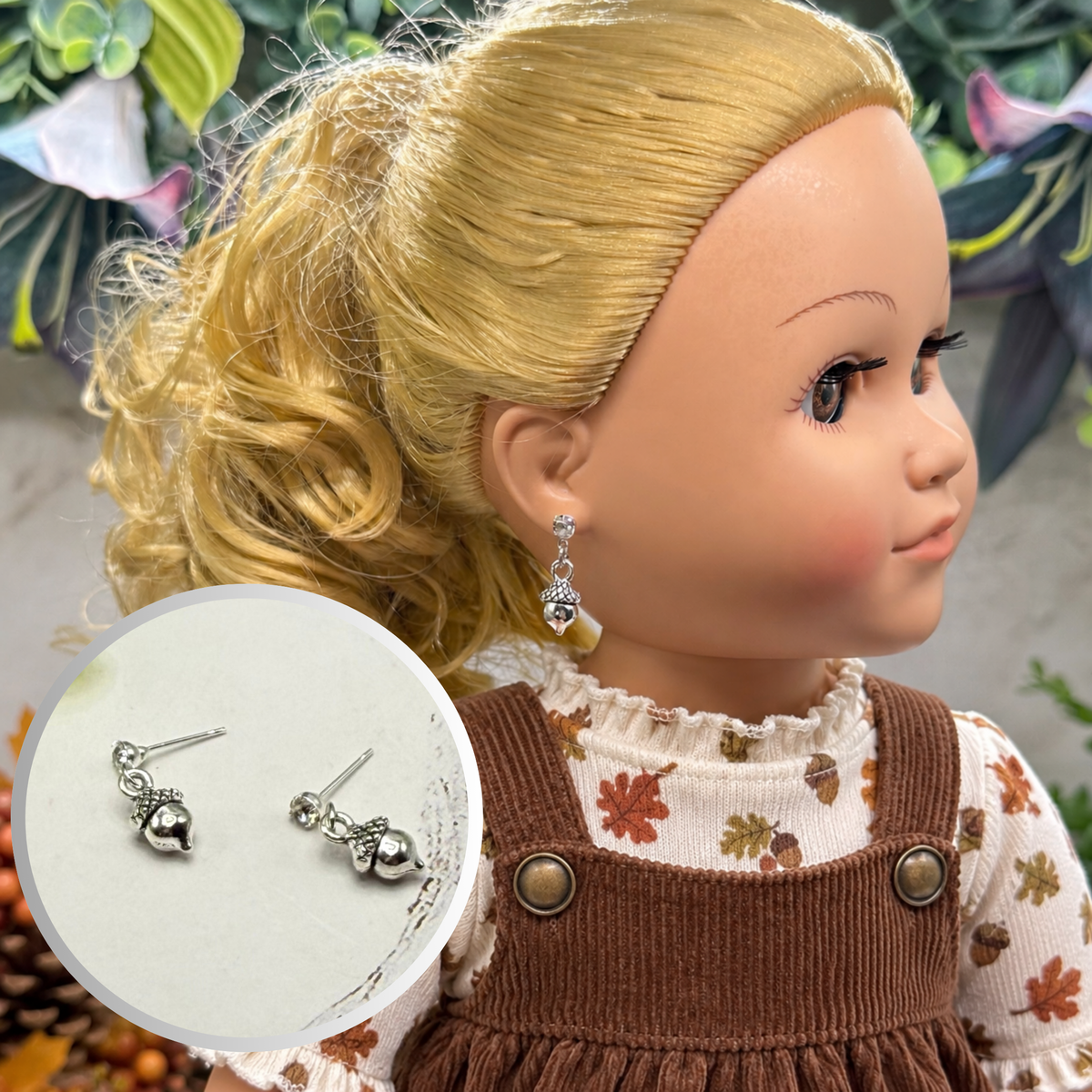 Silver Acorn Autumn Dangle Rhinestone Post Doll Earrings | for 18 Inch Fashion Dolls