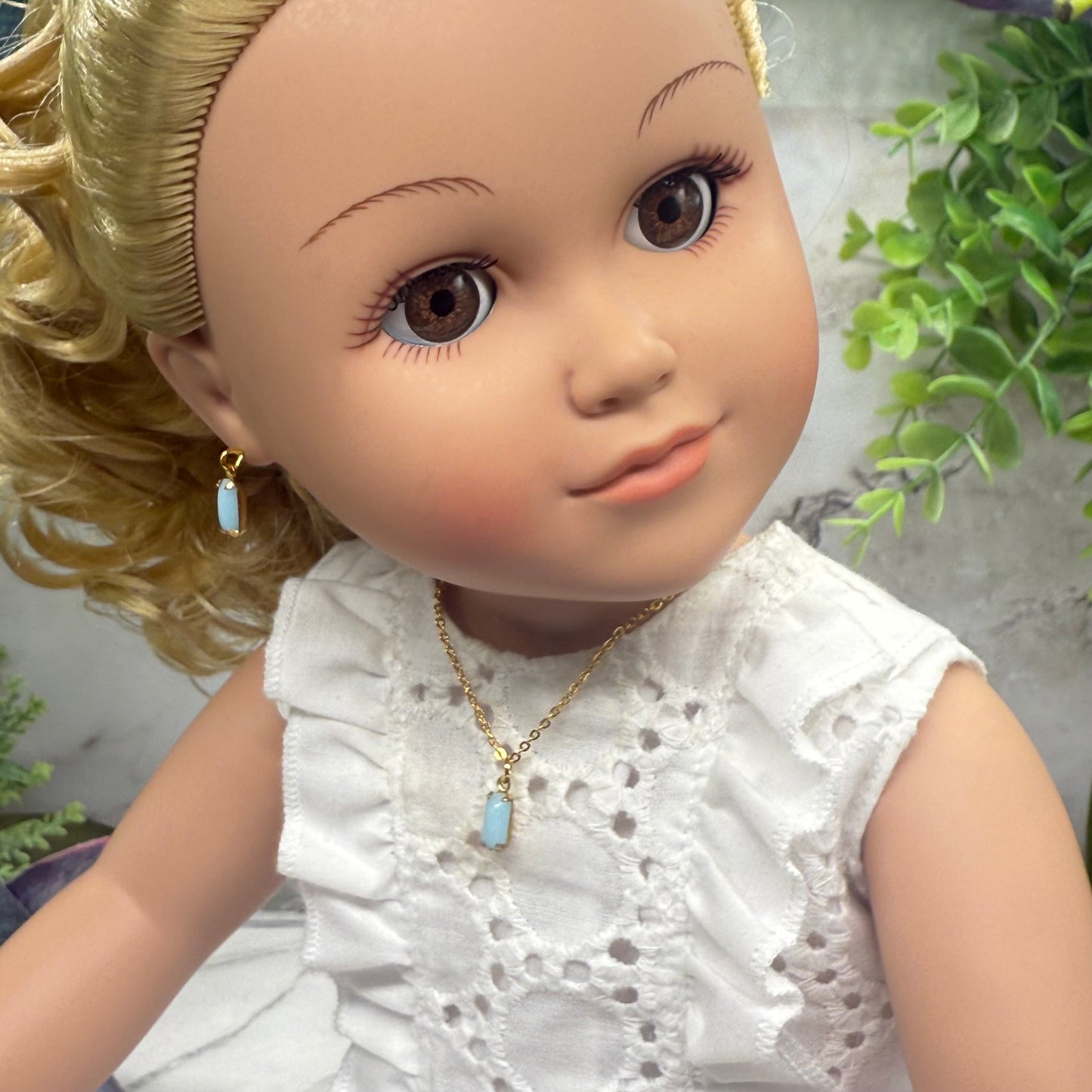 Blue Glass Rectangular Dangle Gold Chain Doll Necklace Earrings Set • 18 Inch Fashion Doll Jewelry