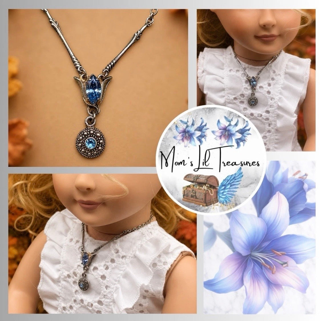 Light Blue Rhinestone Y-Drop Silver Doll Necklace • 18 Inch Doll  Jewelry