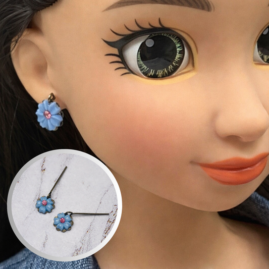 Light Blue Flower Pink Rhinestone Dangle Doll Earrings • 18 Inch Doll Jewelry
