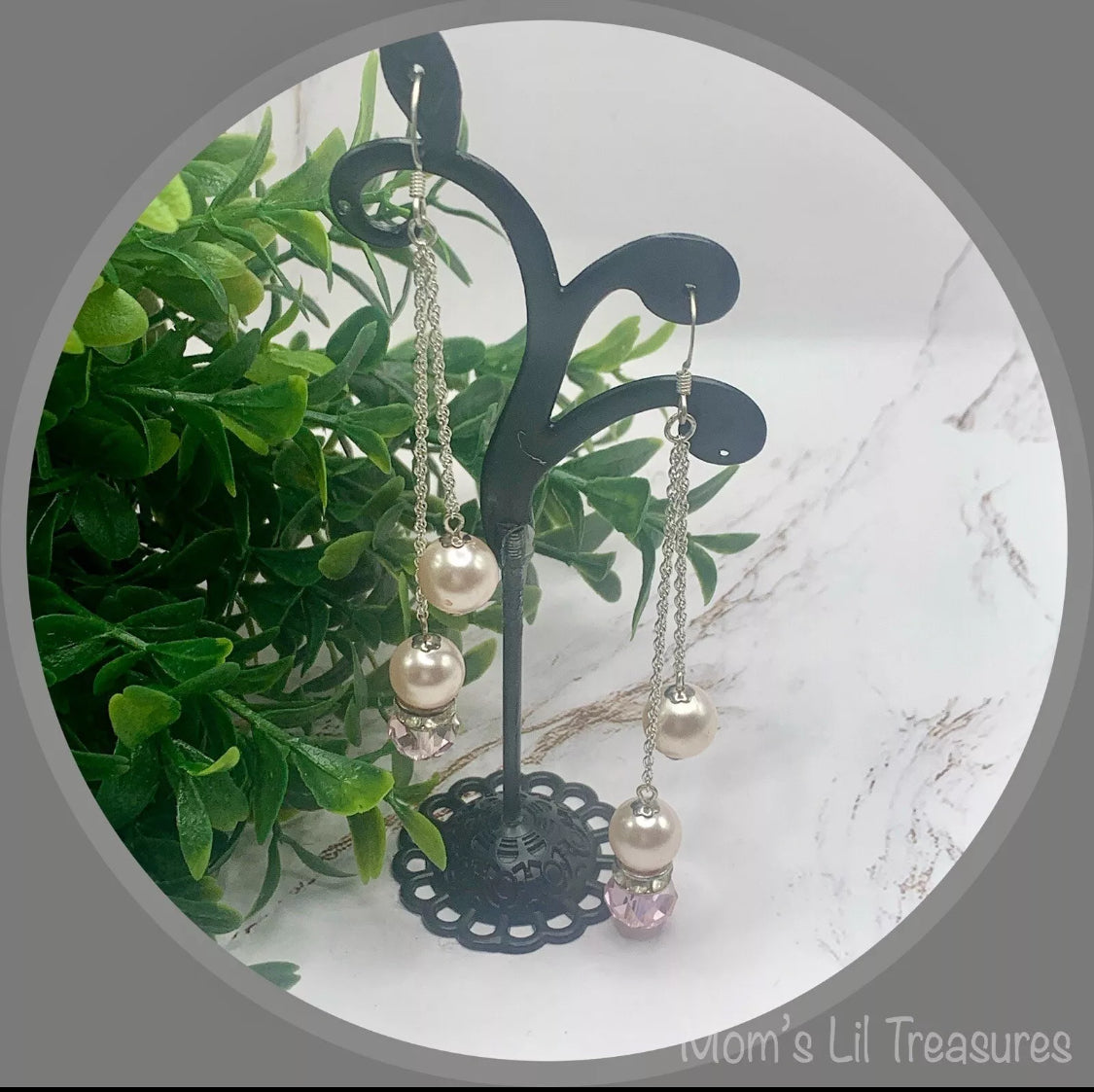 Pink Crystal Faux Pearl Rhinestone Silver Tone Chain Dangle Earrings - Handmade