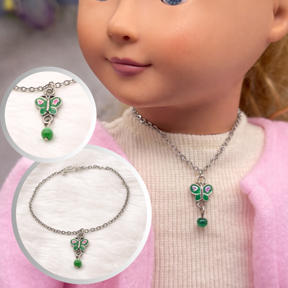 Green Pink Butterfly Charm Silver Chain Doll Necklace • 18 Inch Fashion Doll Jewelry