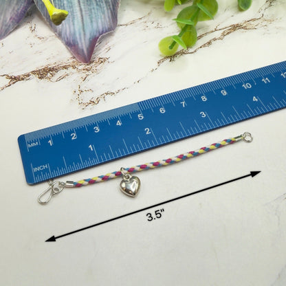 Braided Purple Blue Yellow Fabric Doll Necklace Silver Heart Charm • 14 Inch Fashion Doll Jewelry