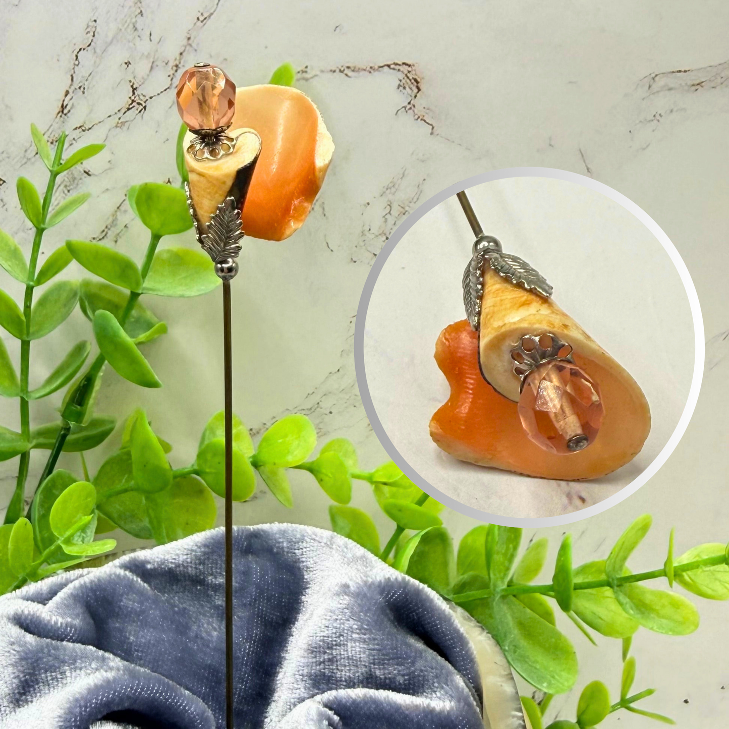 Coral Orange Cream Color Shell Hatpin Peach Crystal Accent Hatpin - 6 Inch
