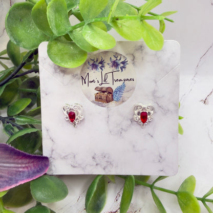Red Rhinestone Silver Filigree Heart Post Doll Earrings • 2mm and Post for 18 Inch Fashion Doll
