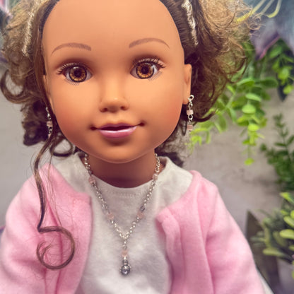 Light Pink Glass Bead Silver Chain Doll Necklace & Earrings • 18 Inch Fashion Doll Jewelry