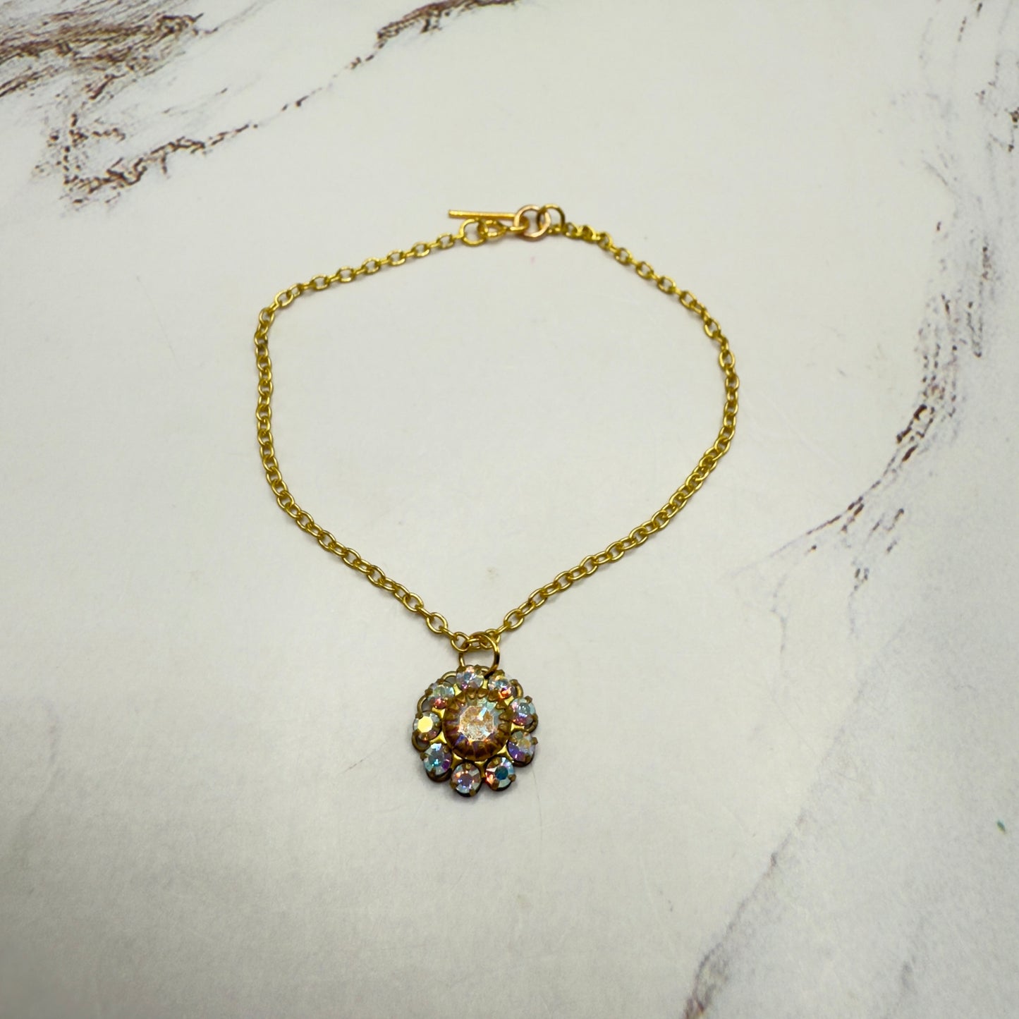 Aurora Borealis Rhinestone Flower Shape Pendant Gold Doll Necklace • 18 Inch Fashion Doll Jewelry