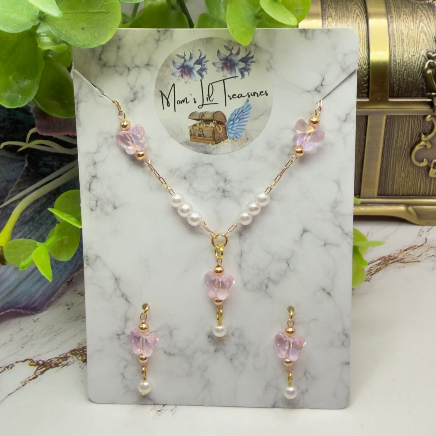 Pink Acrylic Crystal Butterfly & Pearl Gold Doll Necklace & Earrings • 18 Inch Fashion Doll Jewelry