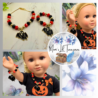 Halloween Black Ghost Charm Red Black Gold Beaded Necklace & Bracelet Set | for 18 Inch Fashion Dolls
