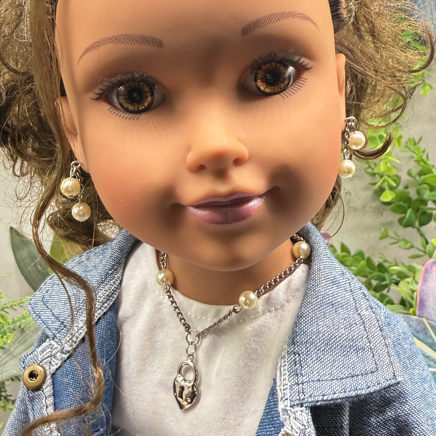 Silver Heart Lock Charm Pearl Bead Silver Chain Doll Necklace • 18 Inch Fashion Doll Jewelry