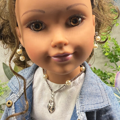 Silver Heart Lock Charm Pearl Bead Silver Chain Doll Necklace • 18 Inch Fashion Doll Jewelry