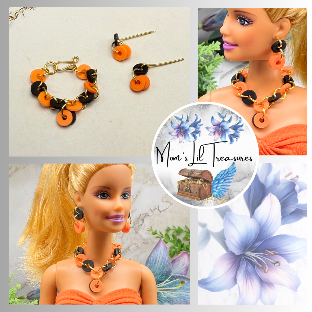 Orange Black Circle Design Earrings and Necklace | for 10-12 Inch 1:6 Fashion Doll