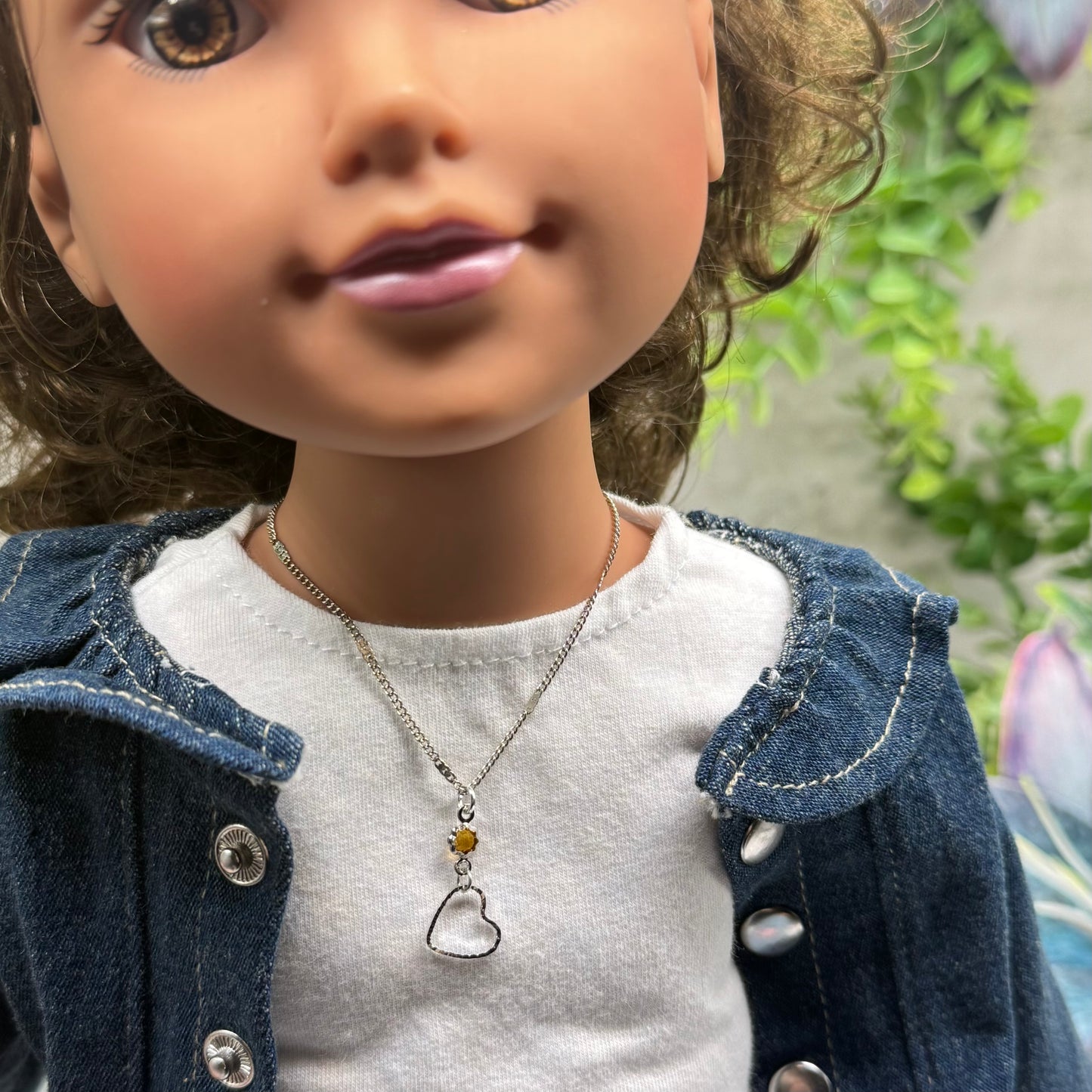 Yellow Orange Crystal Silver Open Heart Charm Doll Necklace • 18 Inch Fashion Doll Jewelry