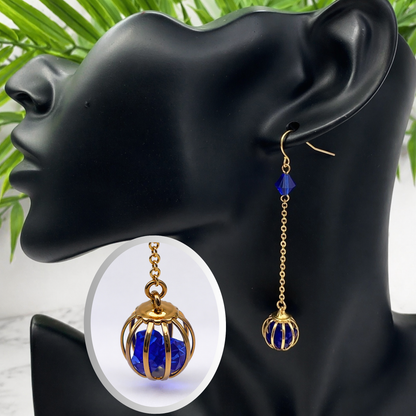 Blue Crystal and Gold Tone Chain Cage Bead Dangle Earrings - Handmade