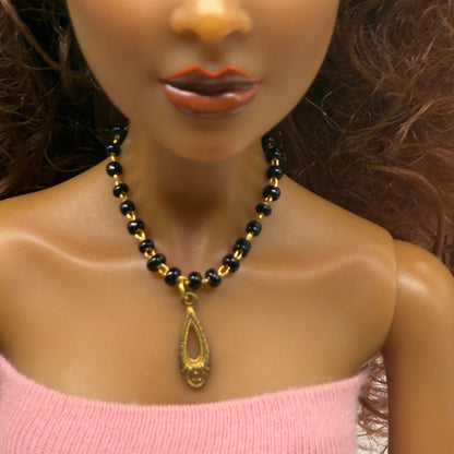 Black Glass Beaded Gold Teardrop Pendant Doll Necklace • 16 Inch Fashion Doll Jewelry
