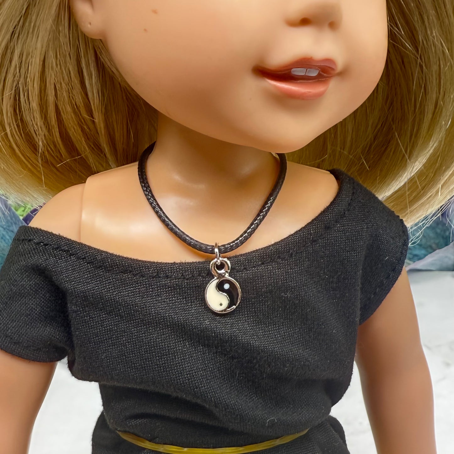 Yin-Yang Charm Black Nylon Cord Doll Necklace • 14 Inch Doll Jewelry