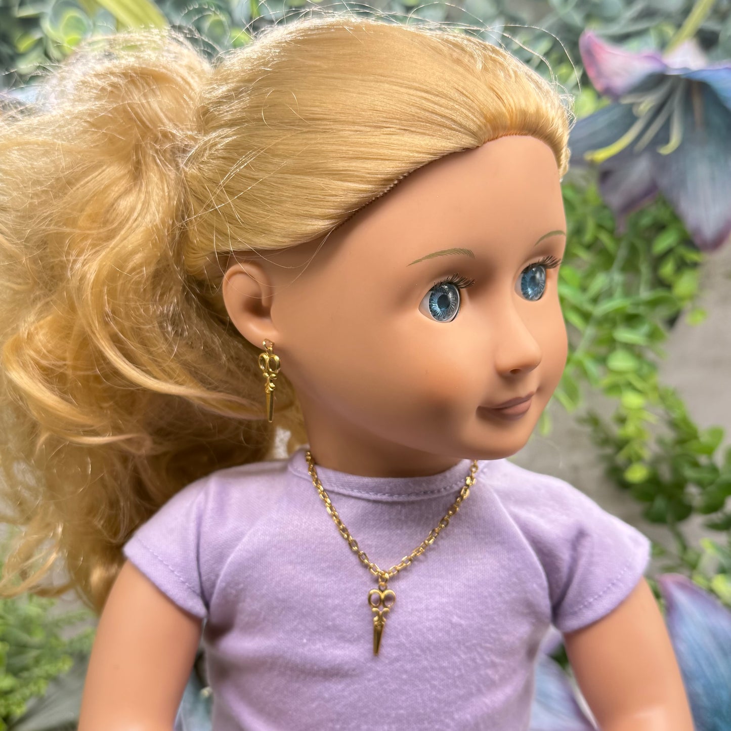 Gold Vintage Style Scissors Charm Doll Necklace & Earrings Set • 18 Inch Fashion Doll Jewelry