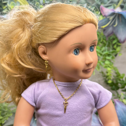 Gold Vintage Style Scissors Charm Doll Necklace & Earrings Set • 18 Inch Fashion Doll Jewelry
