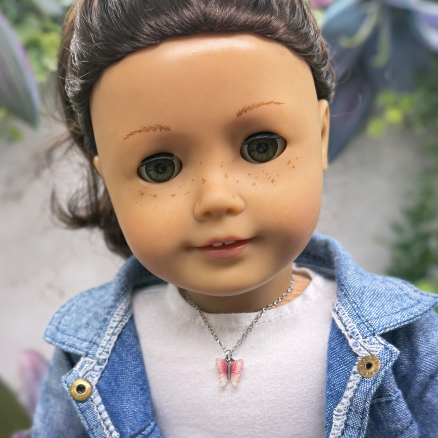 Coral Red Brown Gradient Butterfly Charm Silver Doll Necklace • 18 Inch Fashion Doll Jewelry