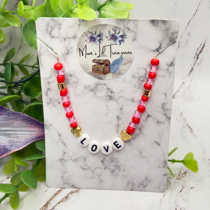 Pink Red Beaded LOVE Heart Valentine’s Day Doll Necklace • 18 Inch Fashion Doll Jewelry